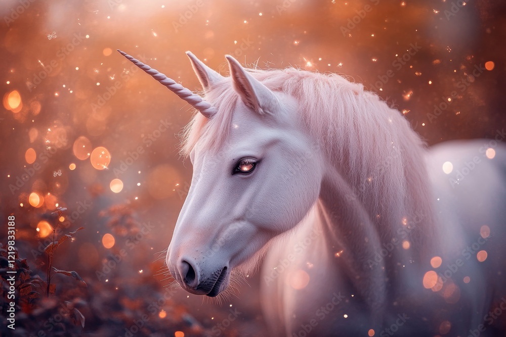 Poster a fantasy scene of a glowing unicorn standing in a mystical forest, surrounded by sparkling fireflie