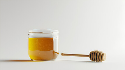Golden honey in a glass jar with a wooden honey dipper. Sweet treat, natural sweetness, healthy food.