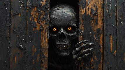 A chilling image reveals a dark skeletal figure with glowing eyes piercing through a wooden door, evoking an eerie sense of mystery and impending darkness.