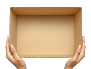 Empty rectangular cardboard box held by two hands on a transparent background, ideal for e-commerce packaging concepts or product promotions