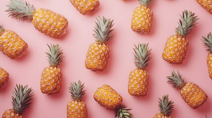 A striking fruit wallpaper featuring numerous ripe pineapples, presented from a top view. This horizontal banner is crafted to resemble a professional-quality image of tropical fruits.