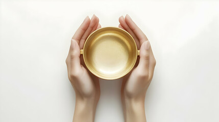 Hands holding golden bowl, white background, minimalist product shot