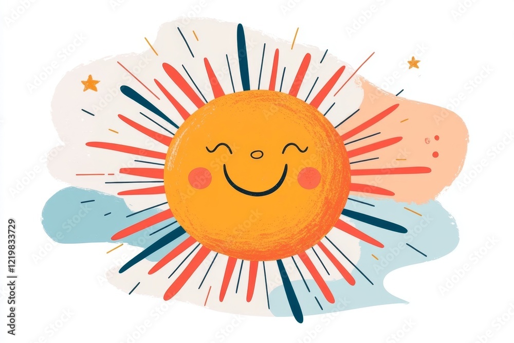 Poster a flat design of a laughing sun with radiating lines, its cheerful face expressing lighthearted joy 
