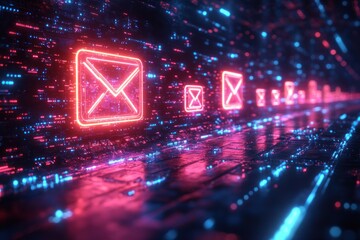 Digital Data Transfer and Exchange Folders with Glowing Neon Icons