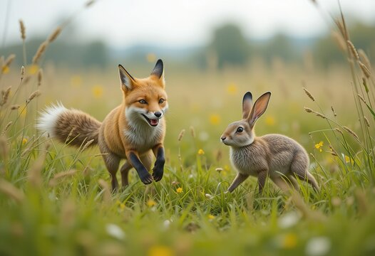 A red fox and a brown rabbit are playfully interacting in a lush green field, possibly a predator prey dynamic.