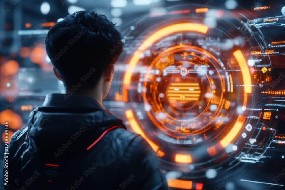 Poster a futuristic scene of a person standing in a glowing chamber, nervously facing a panel of robotic ju