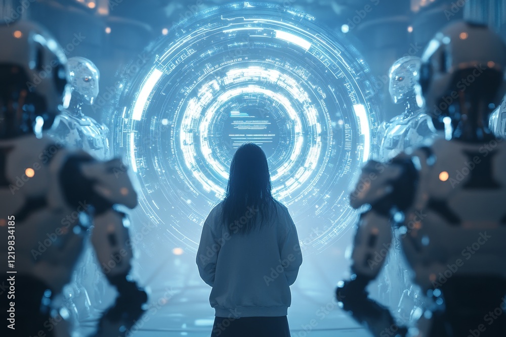Poster a futuristic scene of a person standing in a glowing chamber, nervously facing a panel of robotic ju