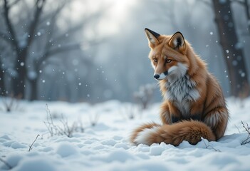 A red fox sits in the snow amidst a winter woodland scene, its fur a vibrant contrast to the white landscape.