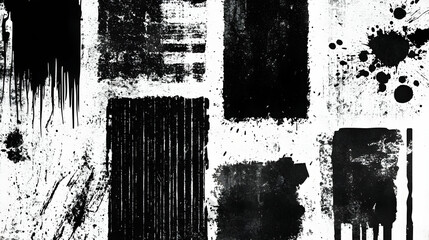 Black ink splatters and drips on white background; design elements