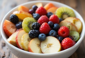 A white bowl contains a colorful and healthy fruit salad with various berries, sliced apples, kiwi and peach.