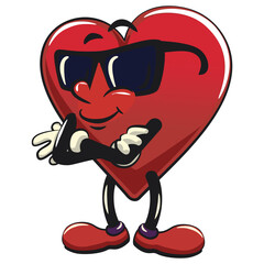 Cute heart vektor illustration mascot character wearing sunglasses folding his arms calmly, work of hand drawn
