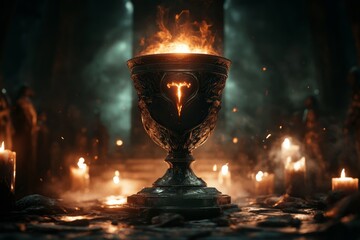 A gothic scene of a glowing chalice on an ornate altar in a dark cathedral, surrounded by faint candlelight and shadowy figures, symbolizing a special ritual