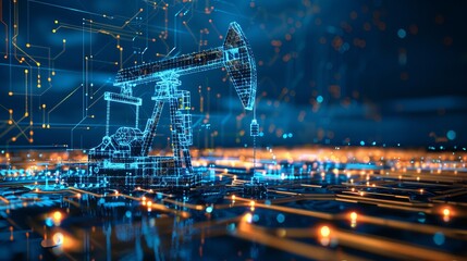 A digital, futuristic illustration of an oil pumpjack with lights and abstract circuitry in the background, symbolizing technology, energy, and industry evolution.