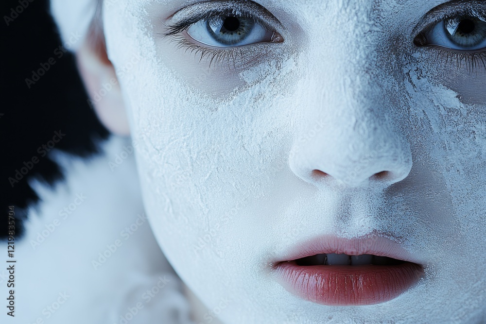 Poster a hyper-realistic close-up of a person face frozen in shock, their mouth slightly open and their eye