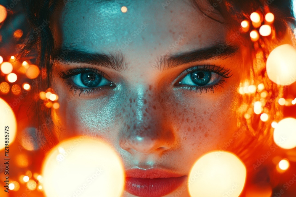 Poster A hyper-realistic close-up of a person face, their brows furrowed and lips slightly parted as they stare at a perplexing object in their hand, with visible pores and fine lighting details