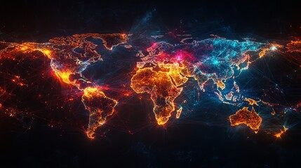 A global map depiction with vibrant energy pathways, highlighting the continents and illustrating international connectivity, trade, and technological progress.
