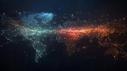 A global network map with illuminated connections between continents, representing international communication, technology, and the world's interconnected digital infrastructure.
