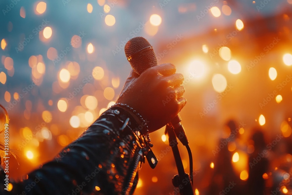 Poster a hyper-realistic close-up of a person trembling hand holding a microphone, with every bead of sweat