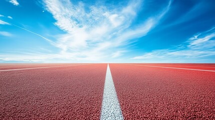 A vibrant red running track extends straight towards the horizon under a bright blue sky, embodying progress, determination, and limitless possibilities ahead.