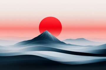 Fototapeta premium A minimal representation of a glowing sun rising over a mountain peak, with soft, clean gradients symbolizing new beginnings and gratitude