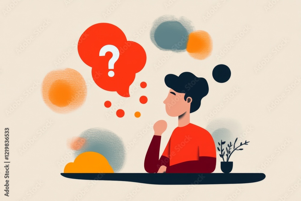 Aufkleber A minimalist design of a person with a small thought bubble containing a question mark, drawn with simple black lines and a soft pastel background