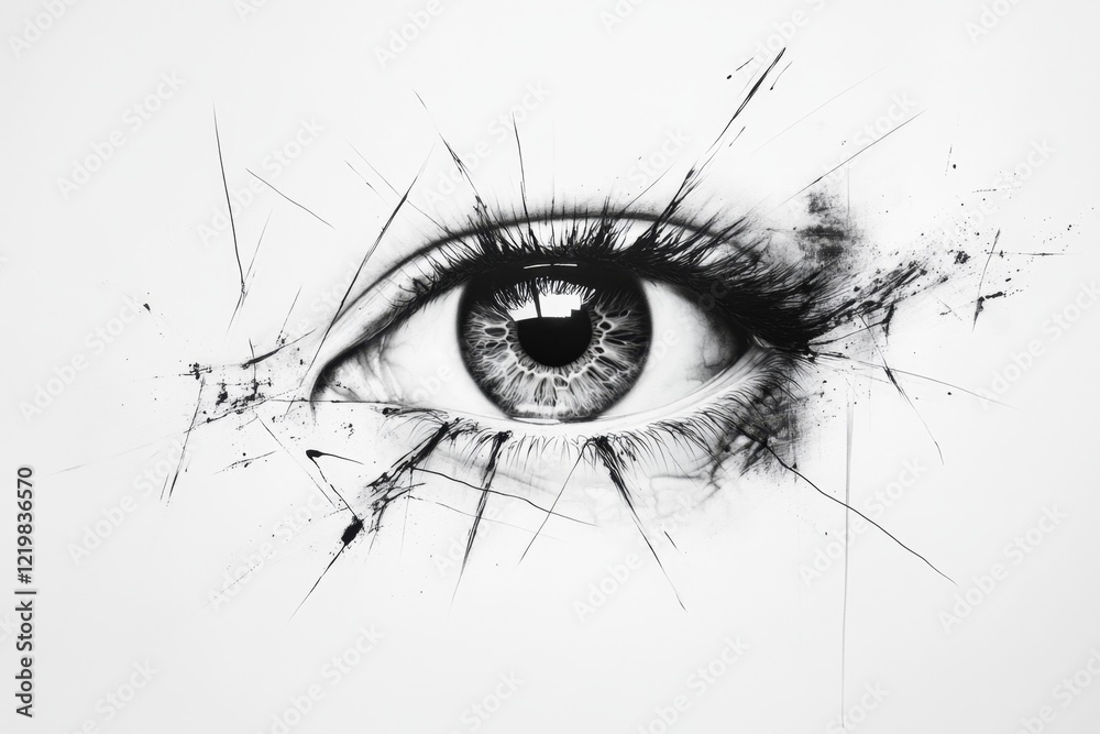Aufkleber a minimalist design of a wide-open eye with jagged, radiating lines around it to symbolize shock, dr