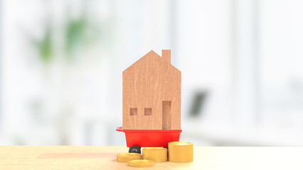 The Wood  House on red cart for Property or Building concept 3d Rendering.