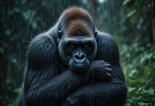 A large western gorilla sits pensively in the rain, its arms crossed, amidst a lush green rainforest background.