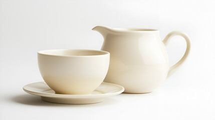 Cream-colored creamer and bowl on a saucer. Simple, elegant tableware for a minimalist aesthetic.