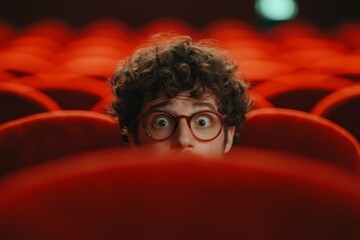 A person blushing furiously as they try to fit through a crowded row of theater seats, stepping on toes and apologizing repeatedly