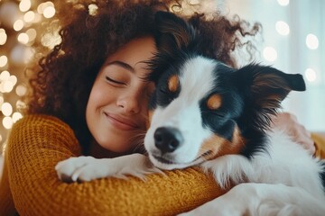 A person hugging their dog, their gratitude for unconditional love reflected in their peaceful expressions