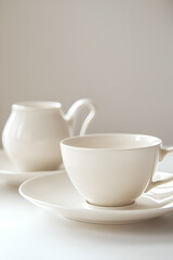 Elegant white teacup and creamer set on a saucer, minimalist design, perfect for a calm morning.