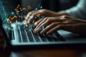 Business person analyzes big data on laptop. Person types on keyboard. Data visualization on screen. Tech analysis. Data-driven decisions. Business analytics. Predictive models. Real-time analysis.