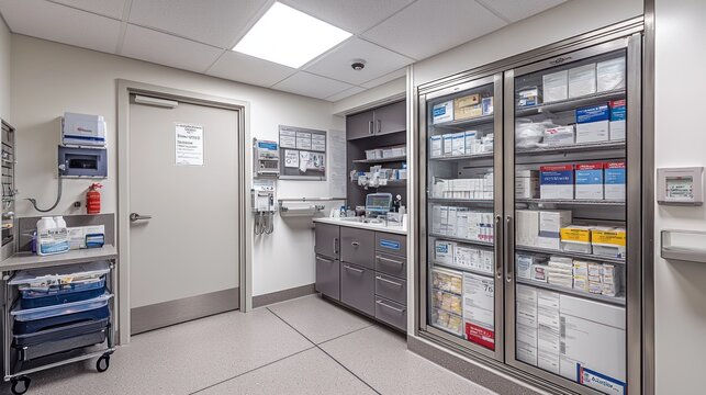 Modern hospital supply room stocked with medical equipment.