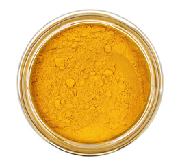 Turmeric (Curcuma) powder in glass jar isolated on white background, top view