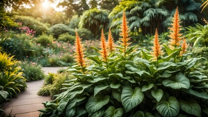 Vibrant orange flowers rise from lush green foliage in a sun-drenched tropical garden setting.