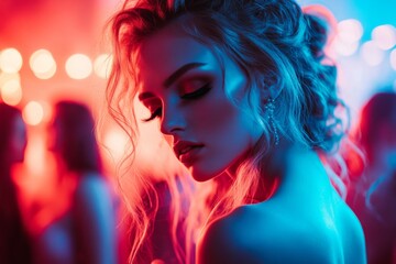 A person standing alone at a party, avoiding eye contact as others laugh and chat around them, their expression a mix of discomfort and embarrassment