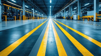 Modern industrial factory interior with yellow striped floor.