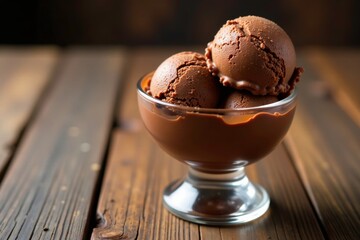 Creamy chocolate ice cream in a glass bowl on a rustic wooden table, delicious, chocolate, dessert