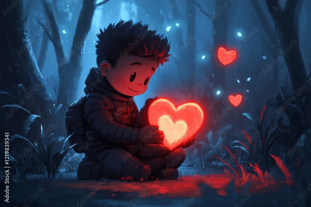 Aufkleber a pixel art depiction of a small character kneeling in a lush pixelated forest, surrounded by glowin