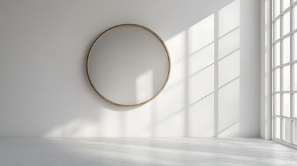Round mirror on white wall, sunlight streams through large window, minimalist interior design.