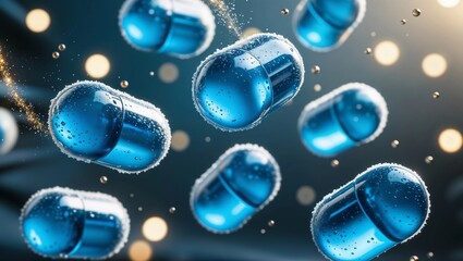 Tablets blue fall against a background with space. Background in the labolatory, bokeh