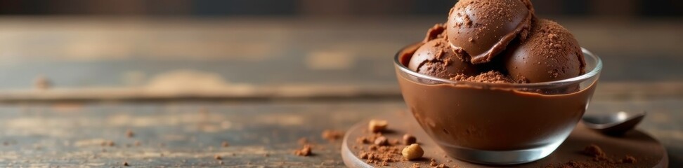 Creamy chocolate ice cream in a glass bowl on a rustic wooden table, tableware, foodie