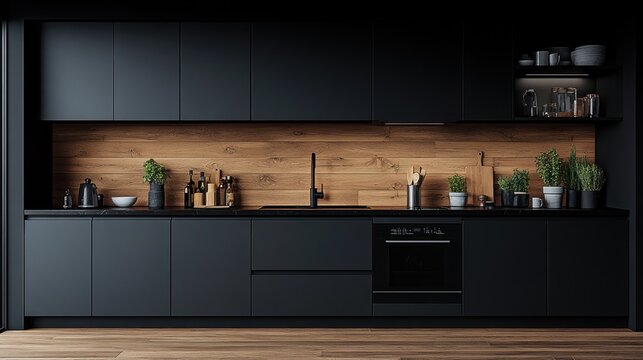 Modern kitchen with dark cabinets and wood backsplash.