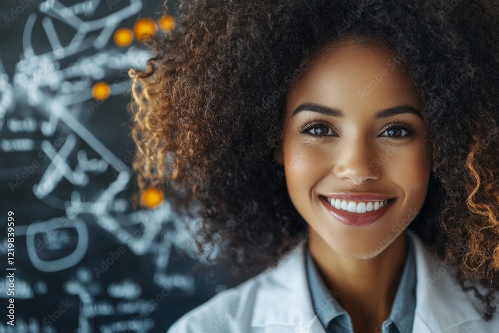 Poster a scientist in a lab coat smiling confidently as they stand beside a whiteboard filled with equation