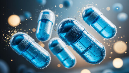 Tablets blue fall against a background with space. Background in the labolatory, bokeh