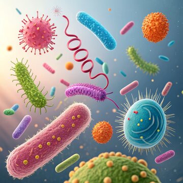 Microbial Diversity 3D Render of Bacteria and Viruses, Colorful, Microbiome, Microbiology Microorganism, Infection