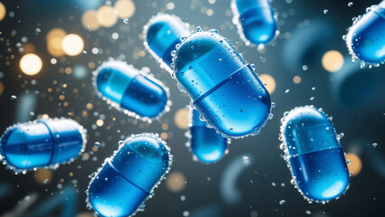 Tablets blue fall against a background with space. Background in the labolatory, bokeh