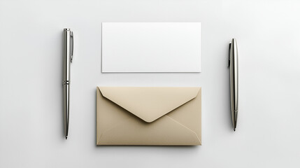 Beige envelope, blank card, and two silver pens arranged on a white background.  Perfect for stationery or business correspondence mockups.