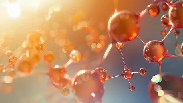 Gold molecule peptide collagen background, 3D molecular oil laboratory background, jojoba cosmetic science banner. Yellow liquid bubble, vitamin medical skin care poster beauty chemistr